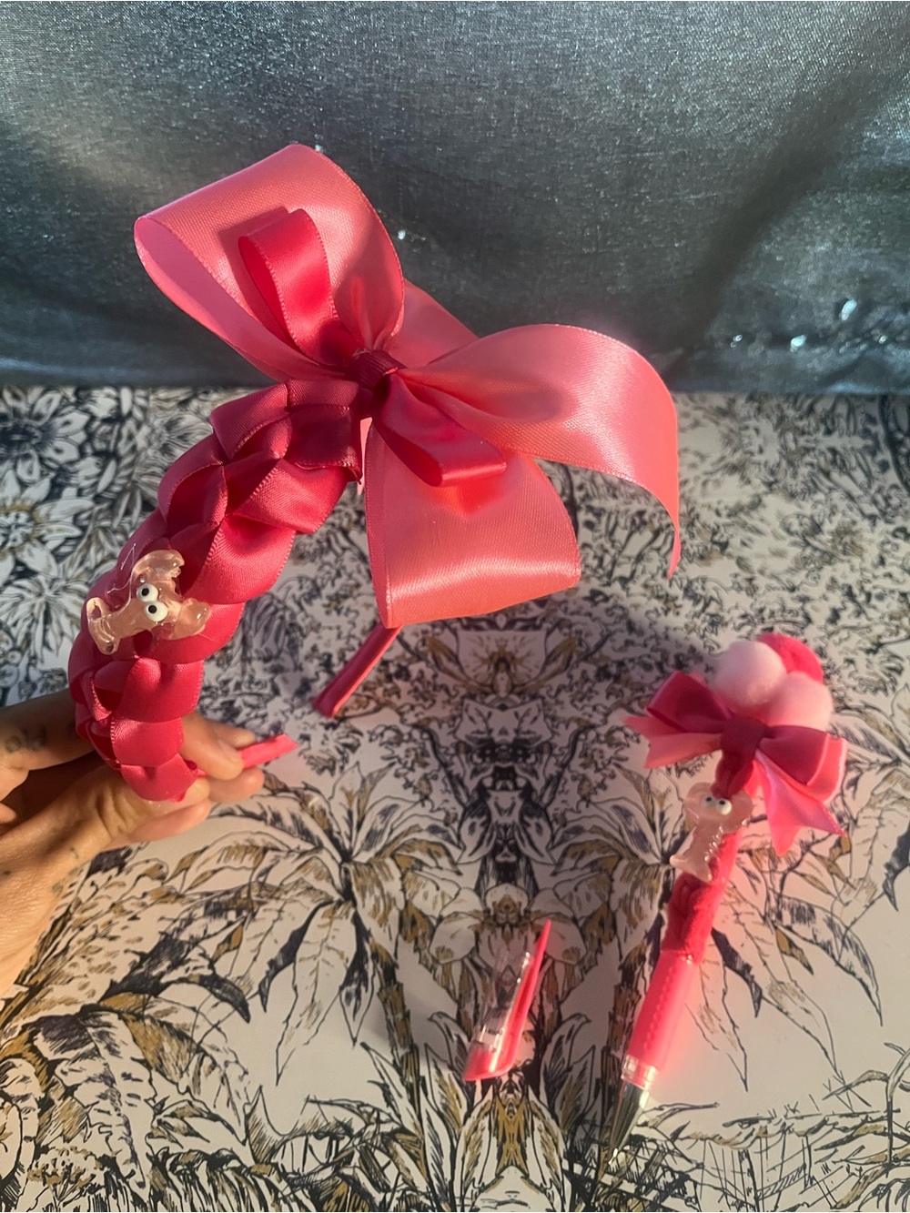 Handmade Pink Bow Braided Headband with Lobster Accents Pom Pom Pen set